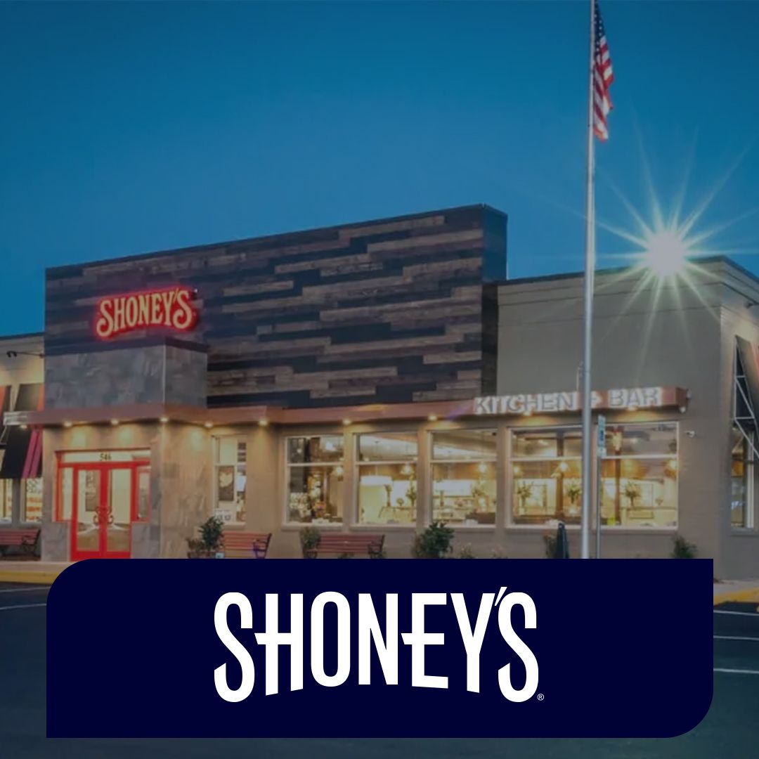 Shoney's logo overlayed on a photo of a Shoney's restaurant - Shift4 POS reviews - Shift4 Dine