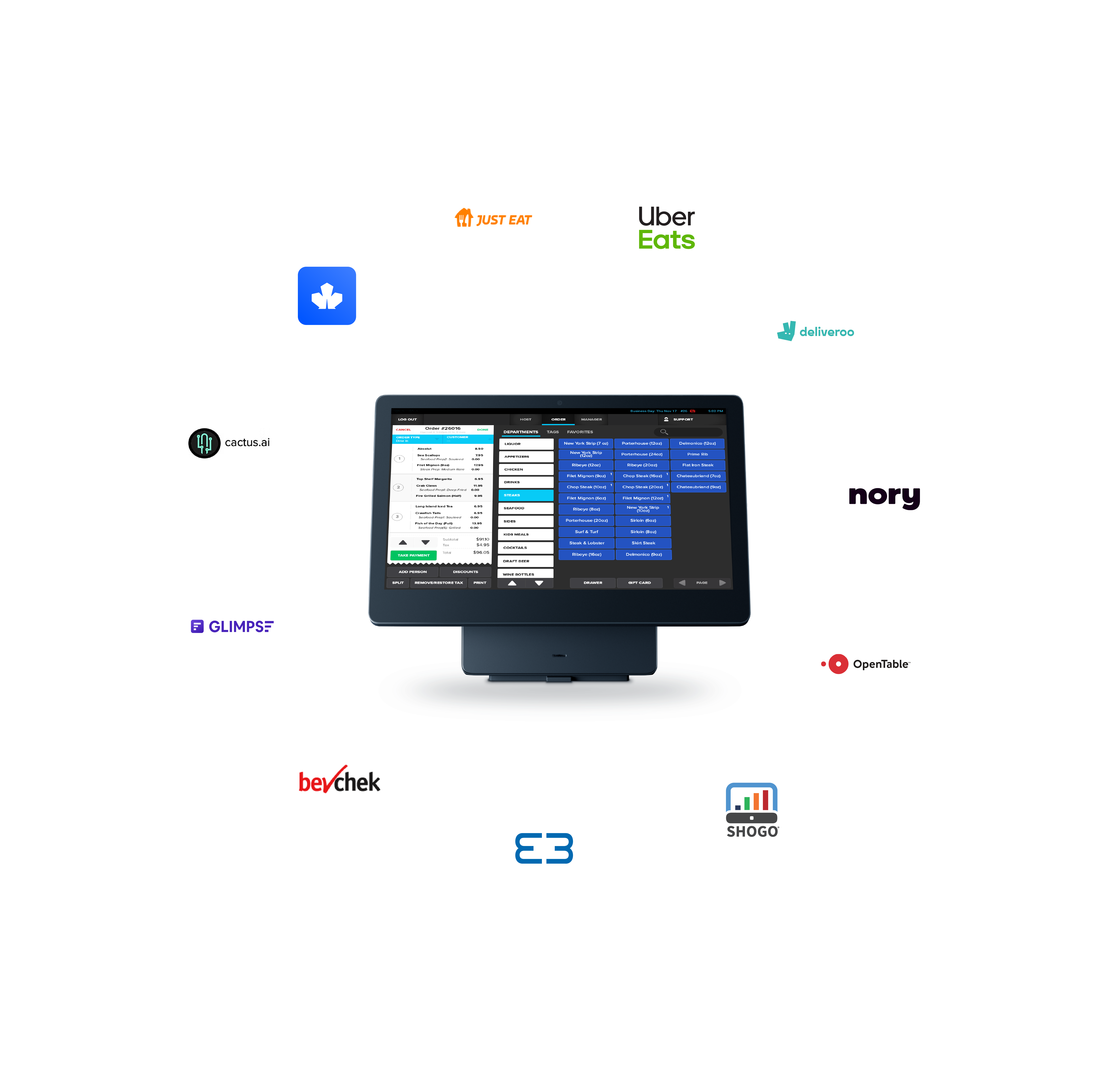 Shift4 Dine POS system surrounded by logos of third-party POS integrations - POS features - Shift4 Dine
