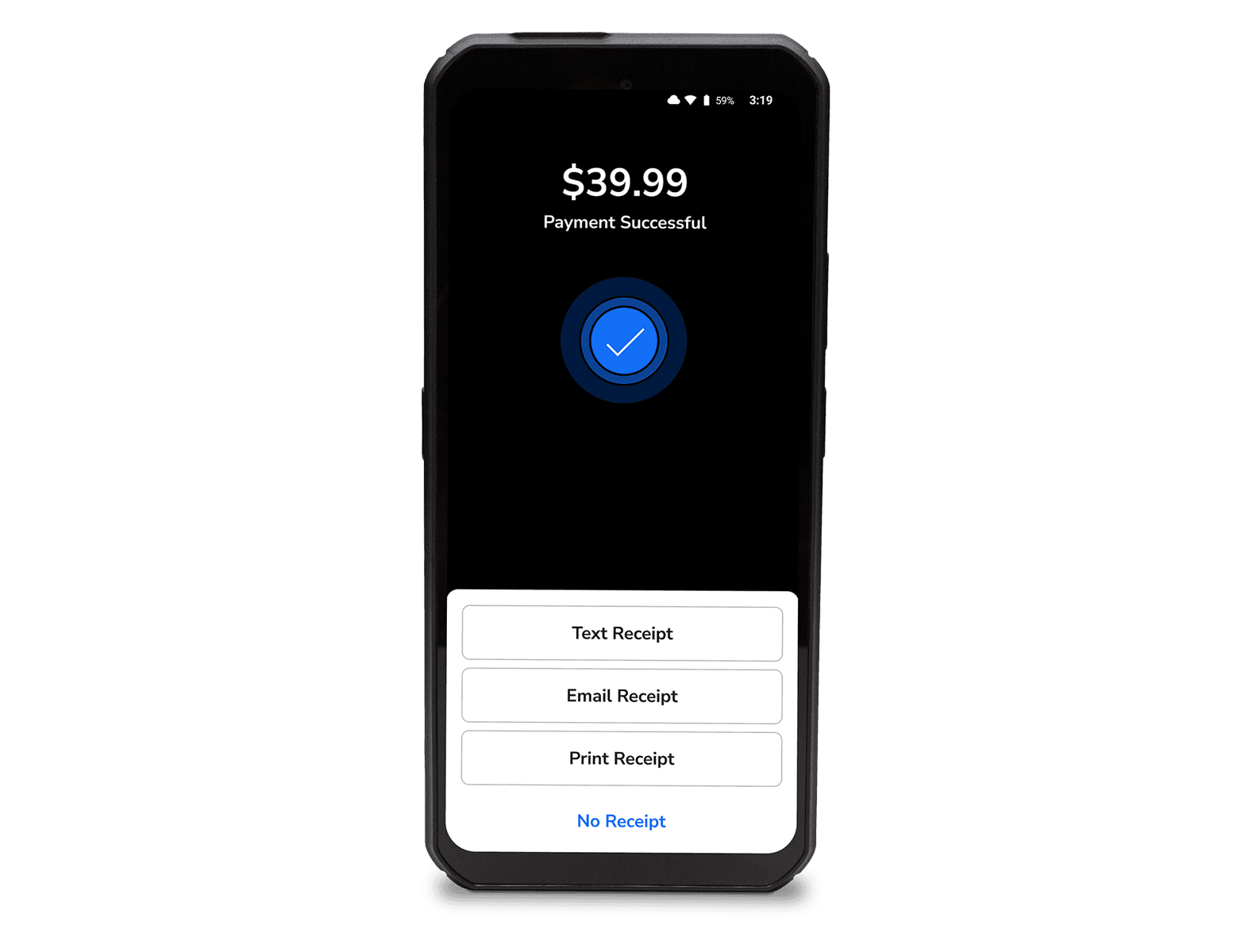Handheld POS device showing a payment successful screen - POS features - Shift4 Dine