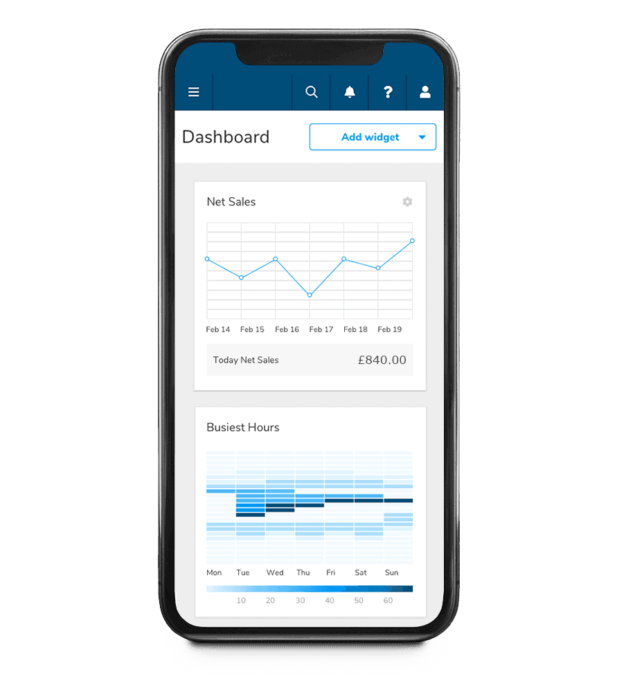 Smartphone showing the Shift4 Dine Customer Hub dashboard - restaurant reporting and analytics - Shift4 Dine