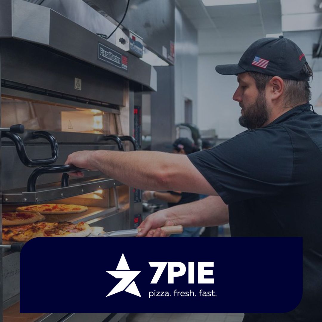 7Pie logo overlayed on an image of a restaurant employee baking a pizza - Shift4 POS reviews - Shift4 Dine