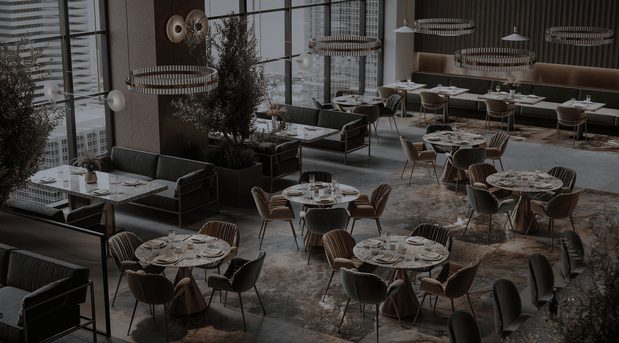 Overhead view of a restaurant dining room with tables and booths - full service restaurant POS system - Shift4 Dine