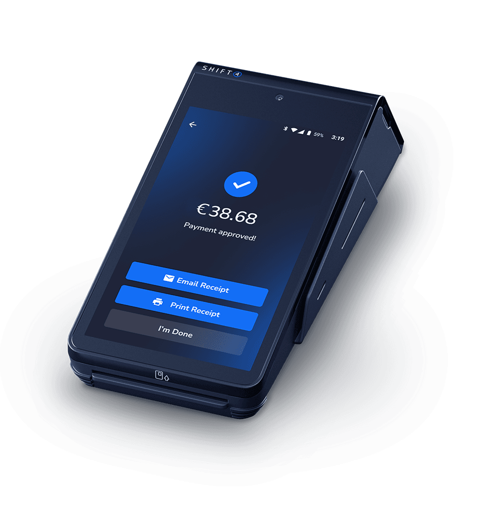 Handheld POS device showing a payment successful screen for mobile ordering and payments - coffee shop POS system - Shift4 Dine
