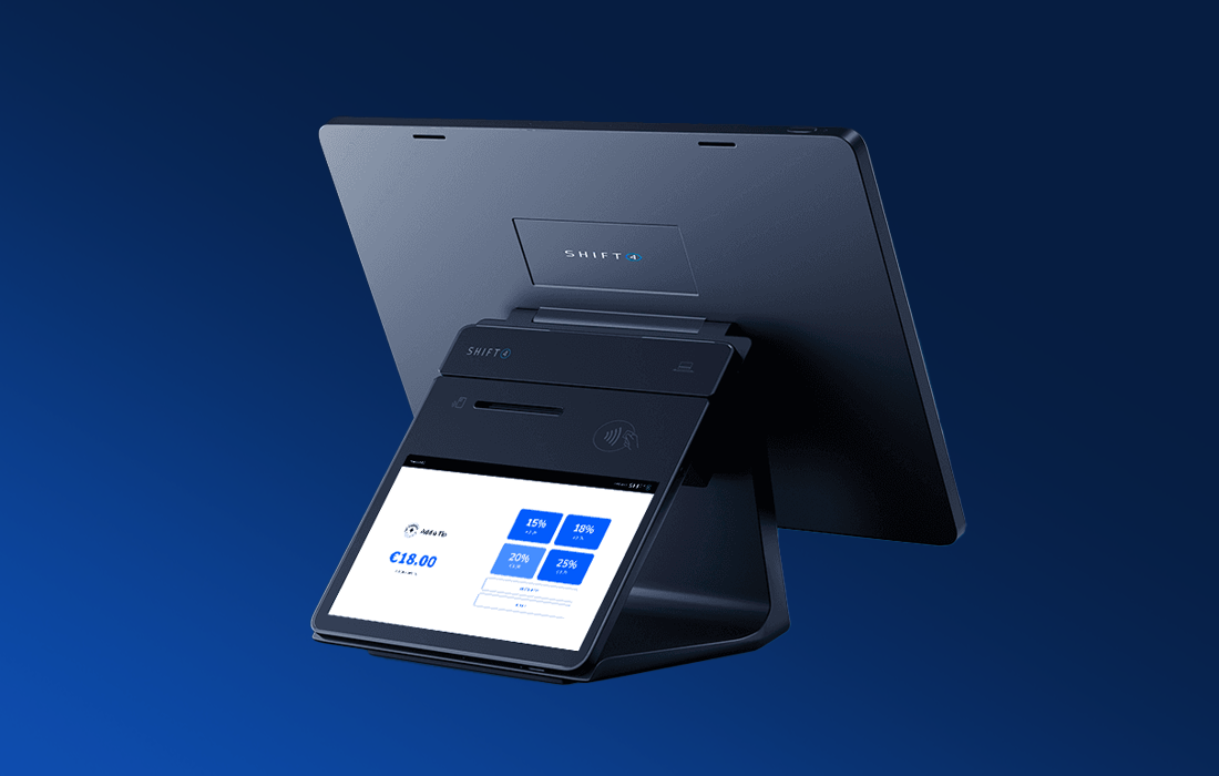 Customer-Facing Display on a blue background showing a tip prompt screen - POS hardware - Shift4 Dine