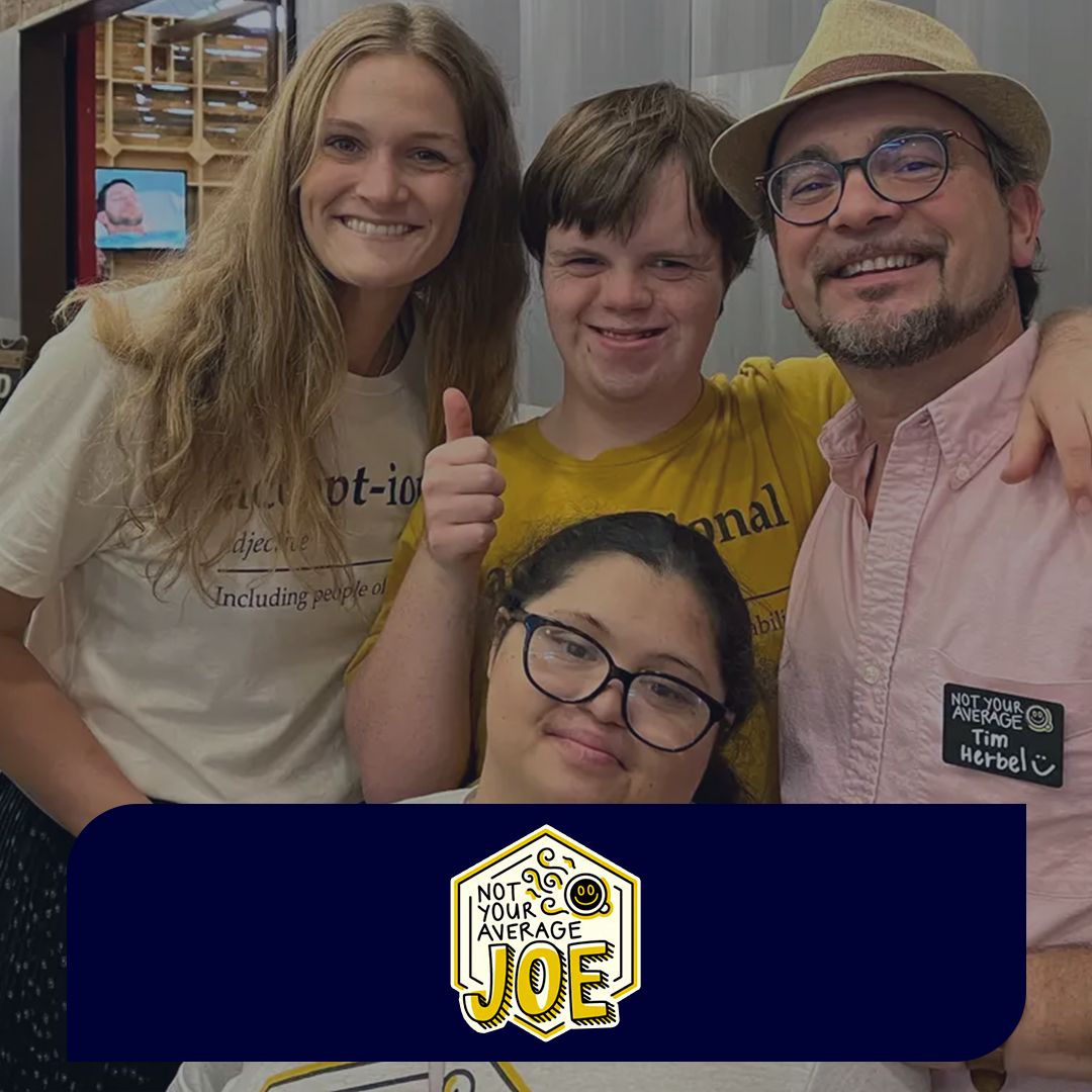 Not Your Average Joe logo overlayed on a photo of four people  - Shift4 POS reviews - Shift4 Dine