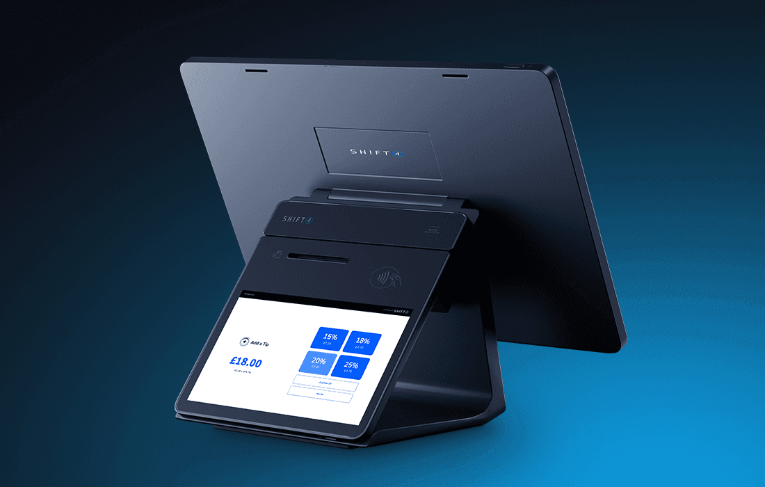 Customer-Facing Display on a blue background showing a tip prompt screen - POS hardware - Shift4 Dine