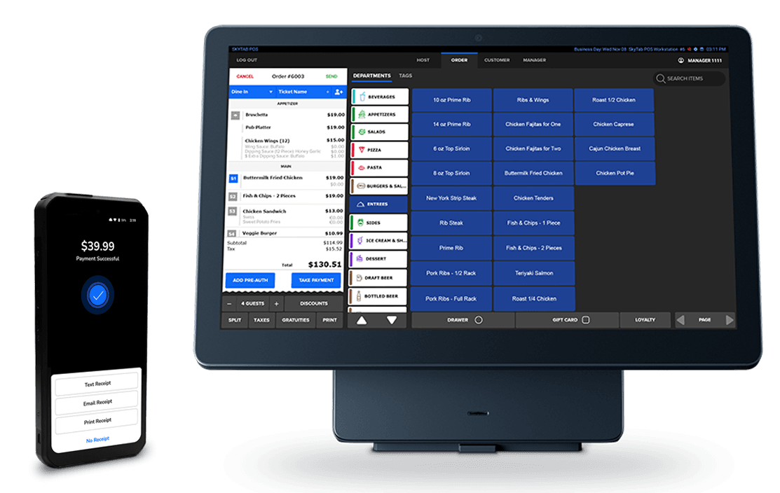 Handheld showing a payment successful screen next to a Shift4 Dine POS system showing the order interface - restaurant POS system - Shift4 Dine