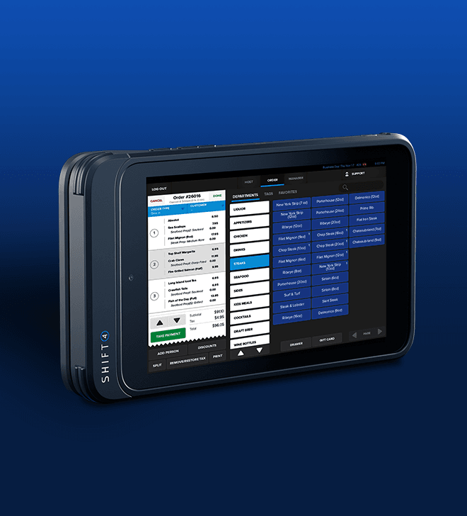 SkyTab Glass tablet POS device on a blue background - restaurant POS system - SkyTab
