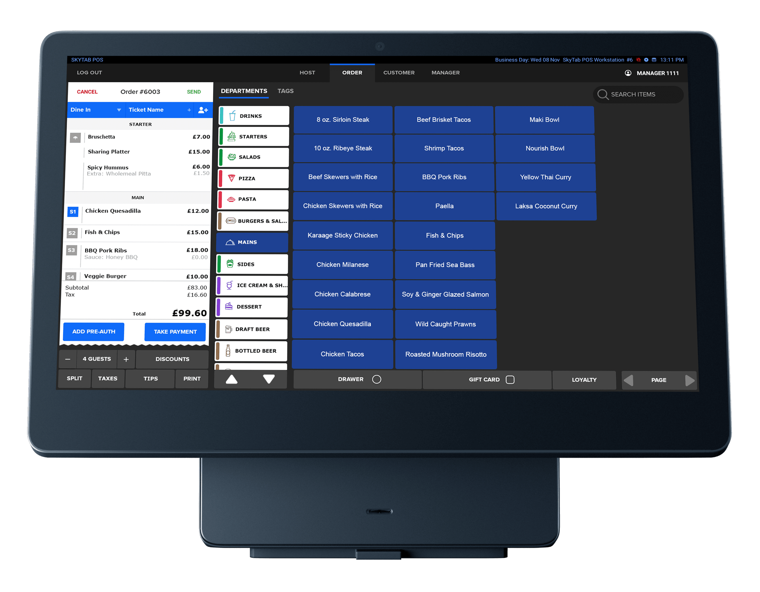 Shift4 Dine POS system showing the order interface - restaurant online ordering system - Shift4 Dine