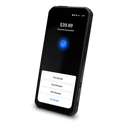 Handheld POS device showing a payment successful screen - mobile ordering and payments - Shift4 Dine