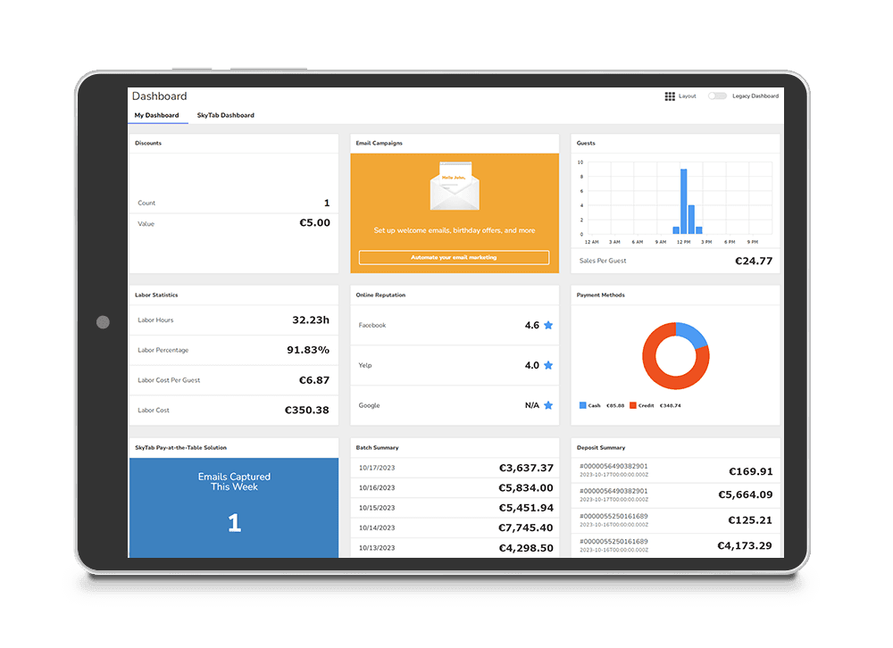 Tablet showing reports on the Shift4 Dine Customer Hub dashboard - POS features - Shift4 Dine