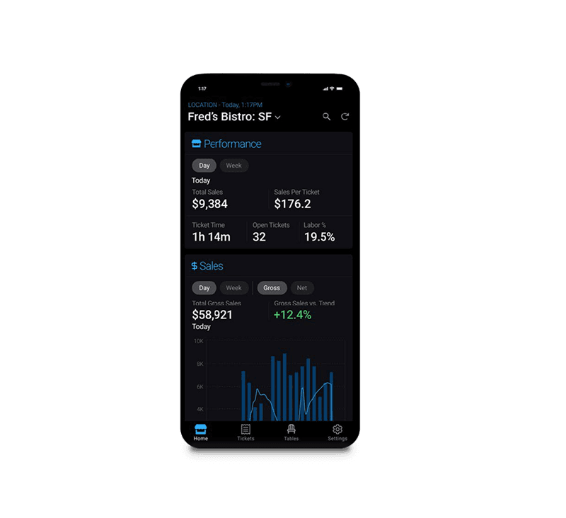 Smartphone showing the Shift4 Dine Mobile App - POS back office - Shift4 Dine