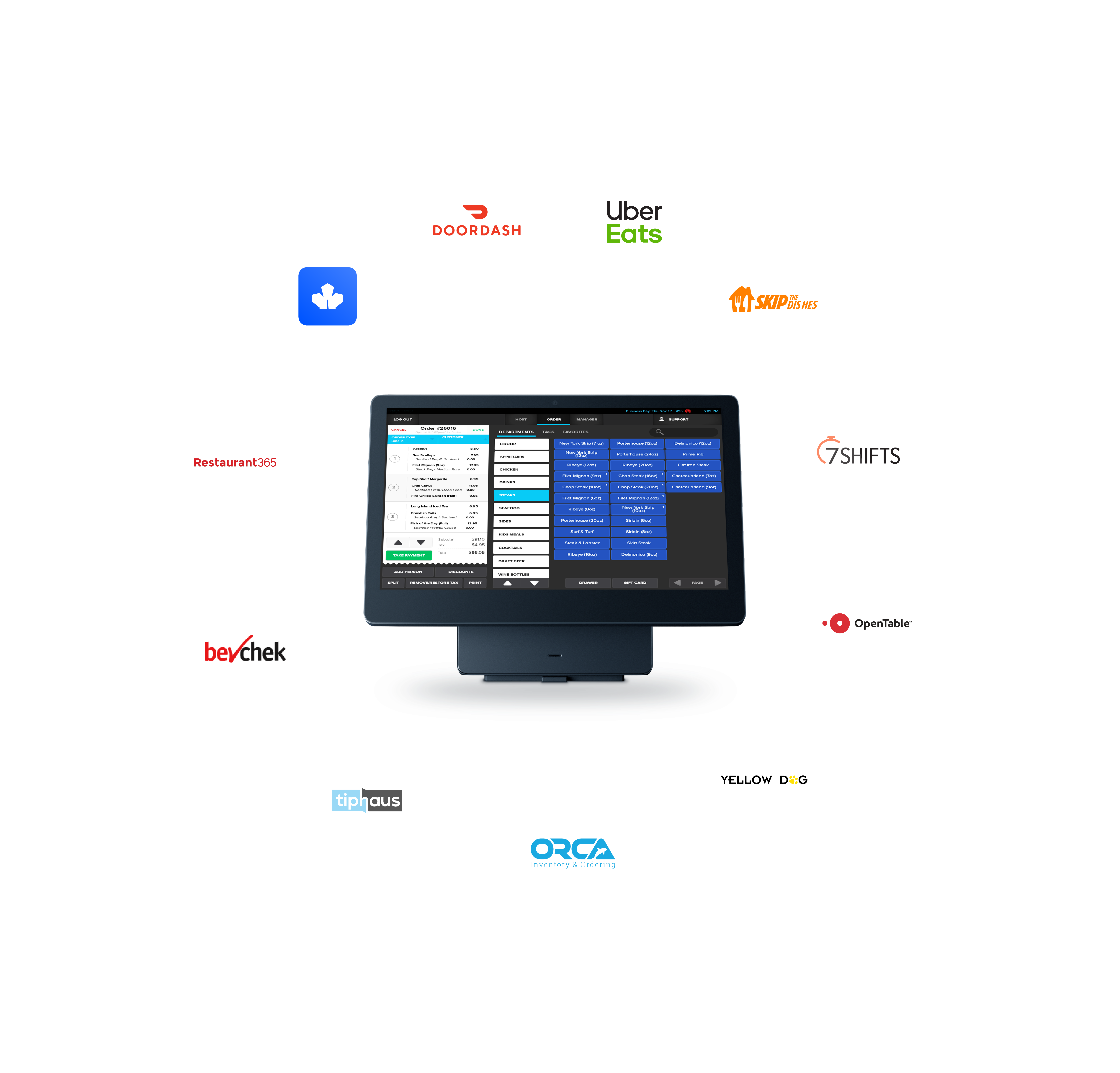 Shift4 Dine POS system surrounded by logos of third-party POS integrations - POS features - Shift4 Dine