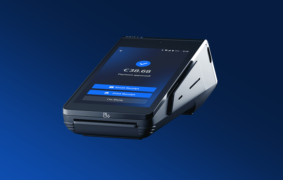 Handheld POS devices on a blue background showing the payment successful screen and the back of the device - POS hardware - Shift4 Dine