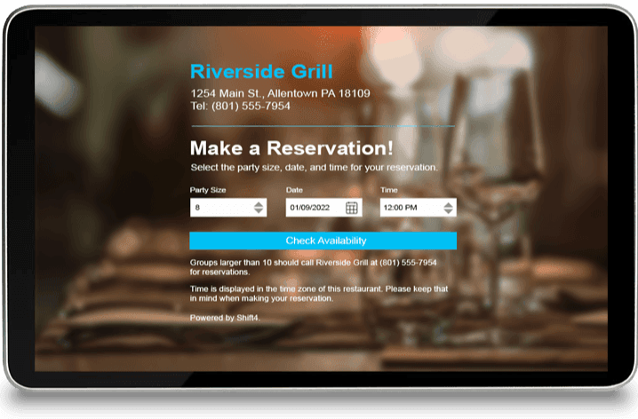 Tablet showing a restaurant reservation website - reservations and waitlist - Shift4 Dine