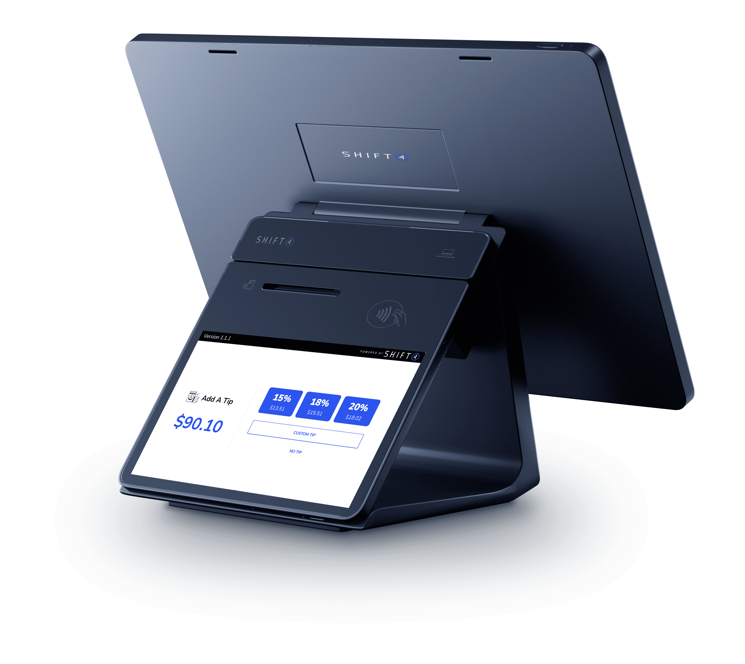 Back of Workstation showing a customer display screen with tip prompts - coffee shop POS system - Shift4 Dine