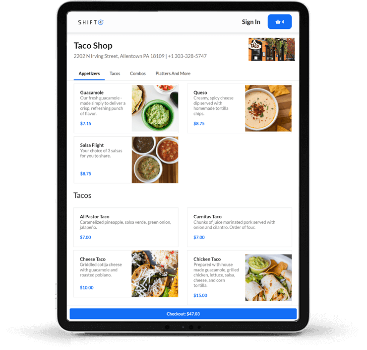 Tablet showing the Shift4 Dine Online Ordering platform - restaurant online ordering system - Shift4 Dine