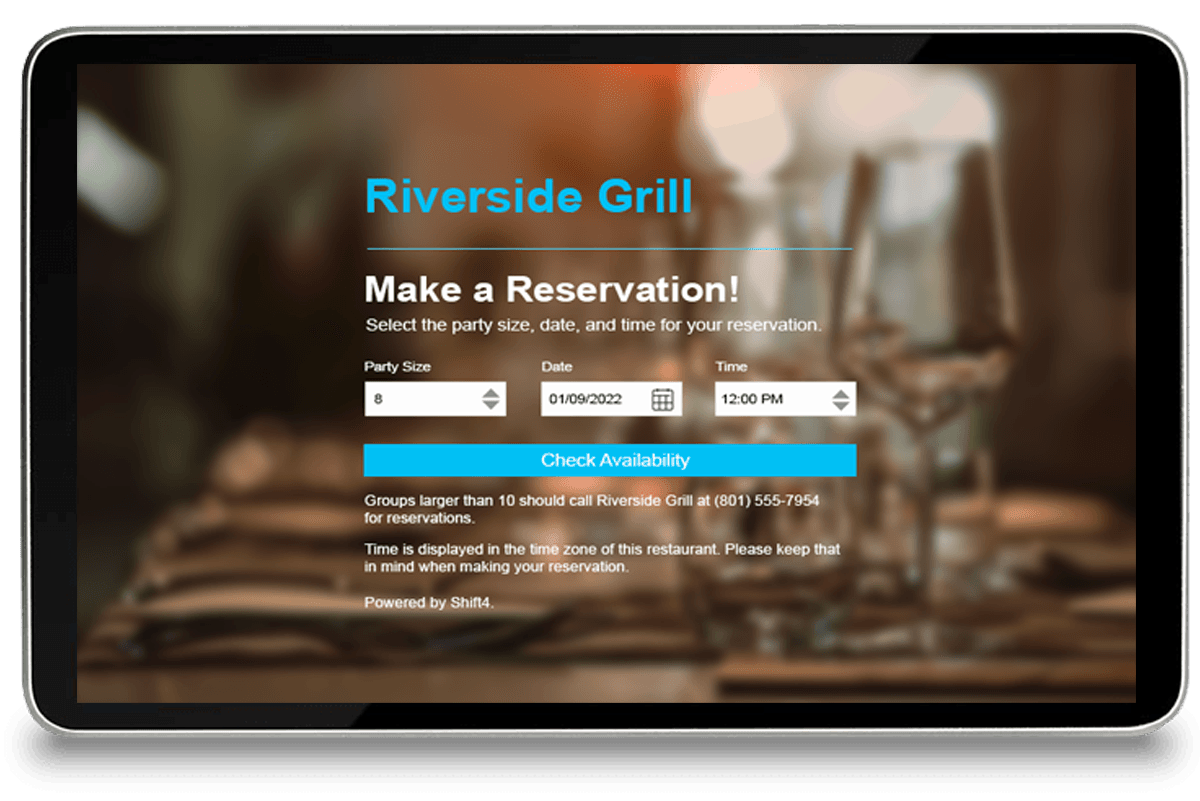 Tablet showing a restaurant reservation website - POS features - Shift4 Dine