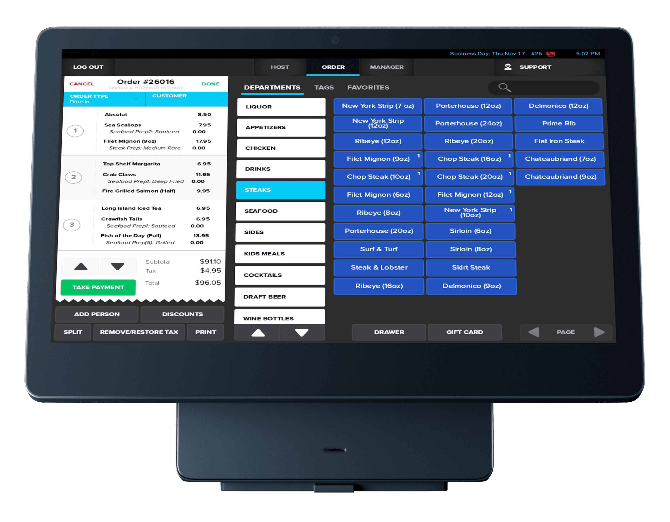 Shift4 Dine POS system showing the order interface - restaurant online ordering system - Shift4 Dine