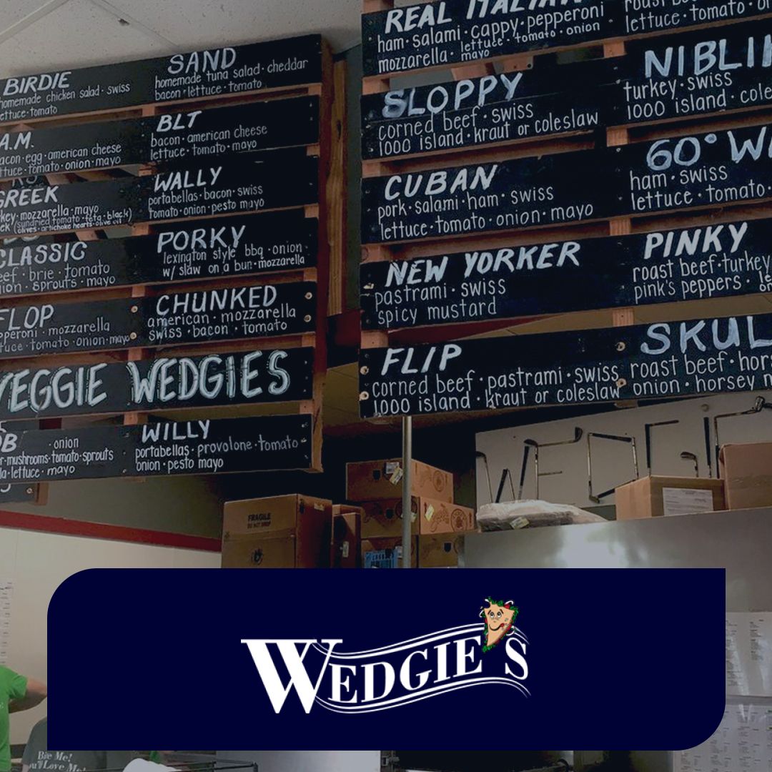 Wedgies logo overlayed on a photo of the Wedgies sandwich menu - Shift4 POS reviews - Shift4 Dine
