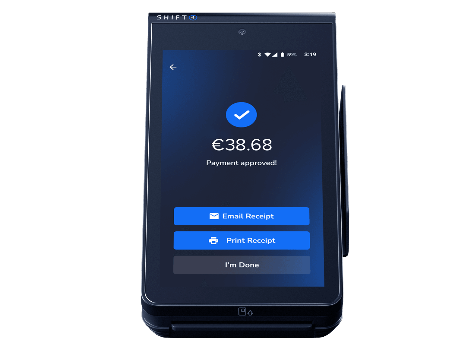 Handheld POS device showing a payment successful screen - POS features - Shift4 Dine
