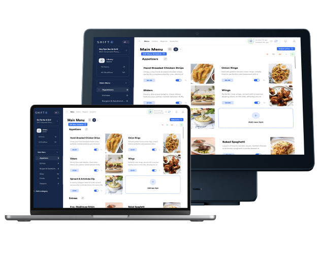 Shift4 Delivery platform on a laptop and POS system - online menu management - SkyTab