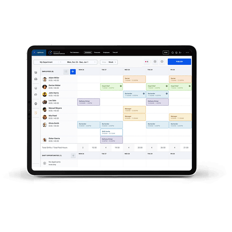 Tablet con horarios del personal: gestión de turnos en restaurante - Shift4 Dine