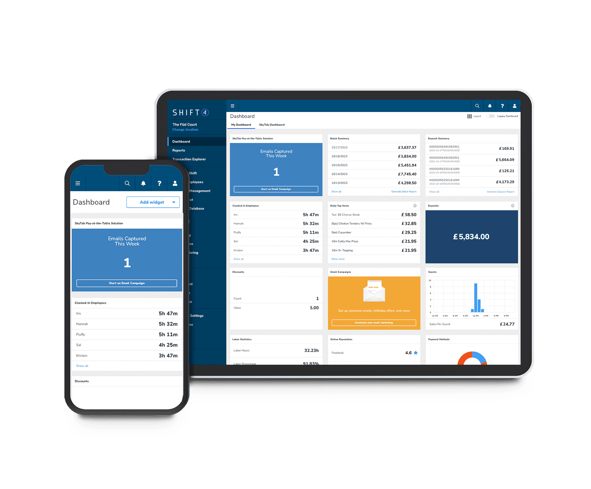 Smartphone and tablet showing the Shift4 Dine Customer Hub dashboard - restaurant reporting and analytics - Shift4 Dine