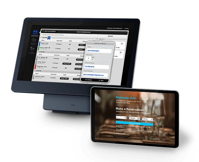 Shift4 Dine POS system showing reservation management software and a tablet showing a reservation website - reservations and waitlist - Shift4 Dine