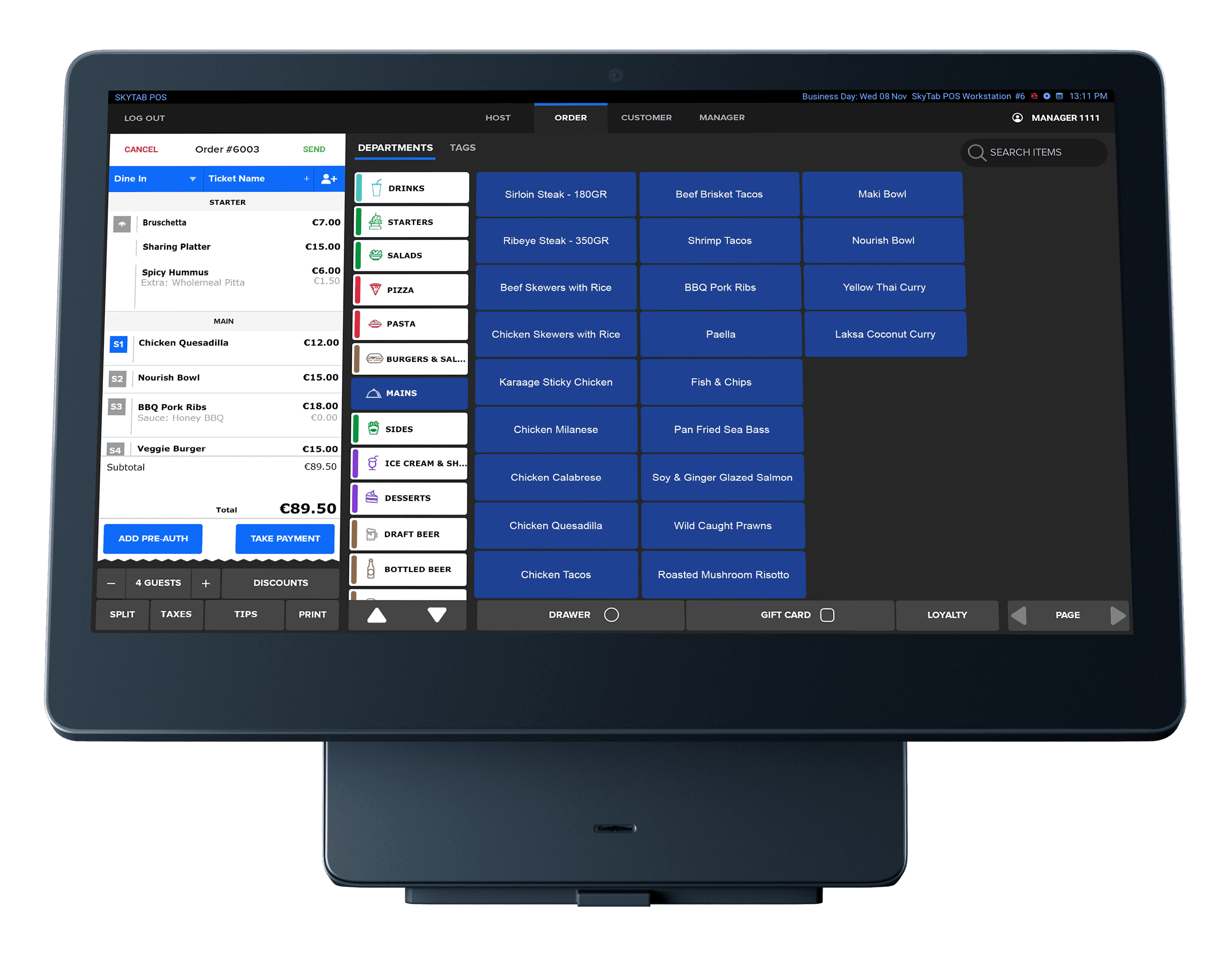 Shift4 Dine POS system showing the order interface - restaurant online ordering system - Shift4 Dine