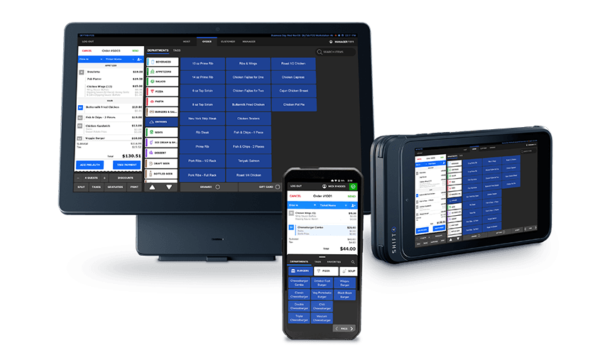 Handheld showing the order interface in front of Tablet and Shift4 Dine POS system showing the order interface - restaurant POS system - Shift4 Dine
