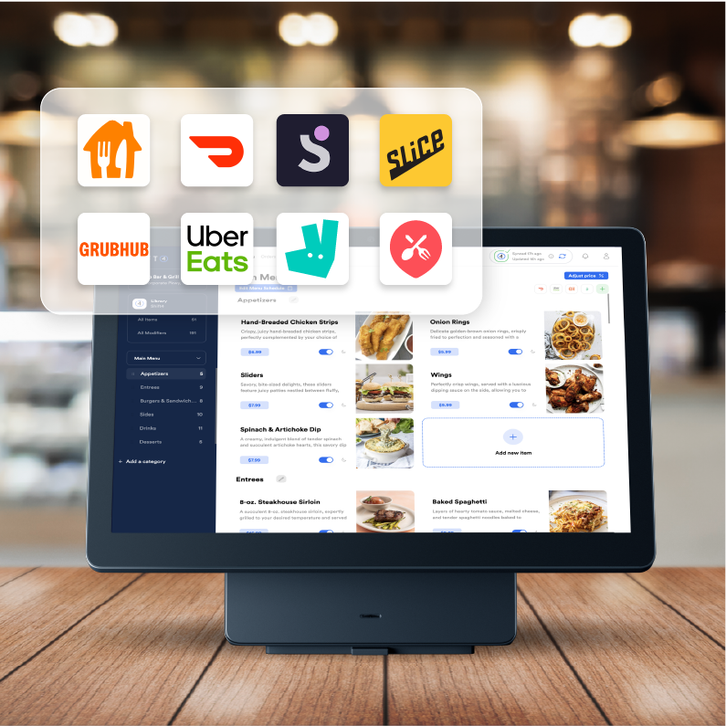 POS system showing the Shift4 Delivery platform with third-party apps - online menu management - SkyTab
