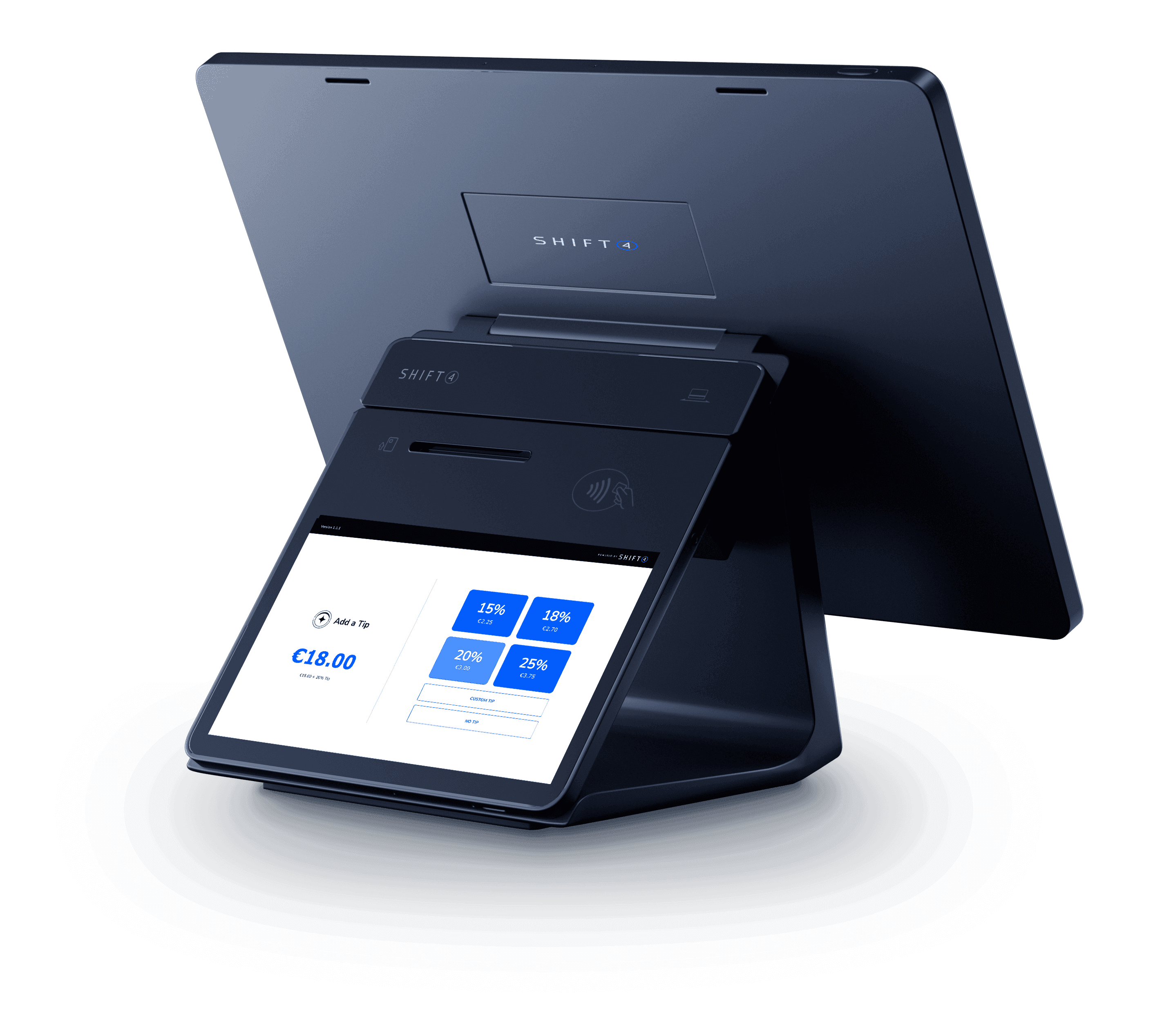 Back of Workstation showing a customer display screen with tip prompts - coffee shop POS system - Shift4 Dine