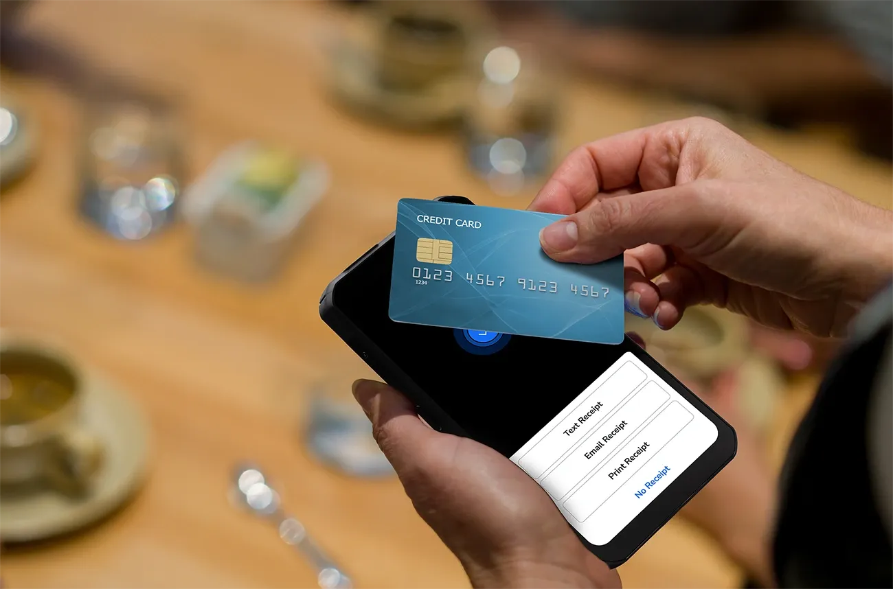 Person paying with tap-to-pay on a Handheld POS device - POS pricing - Shift4 Dine