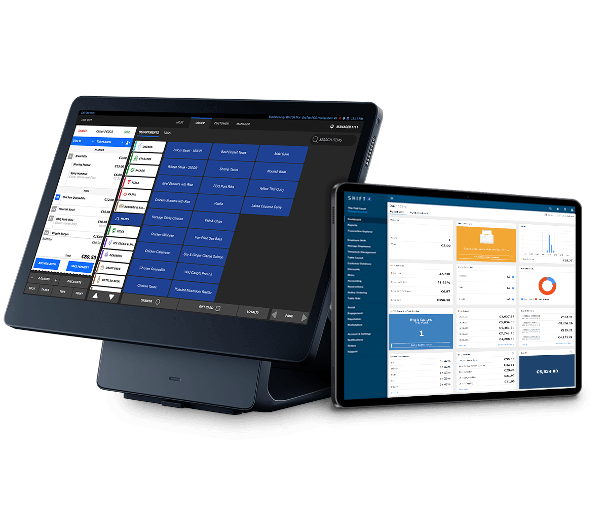 Handheld showing the order interface in front of Tablet and Shift4 Dine POS system showing the order interface - restaurant POS system - Shift4 Dine