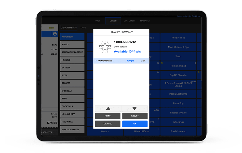 Tablet showing a restaurant loyalty program - loyalty and marketing - Shift4 Dine