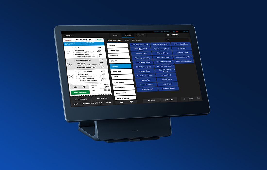 Shift4 Dine POS system showing the order interface - POS hardware - Shift4 Dine