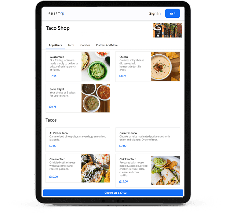 Tablet showing the Shift4 Dine Online Ordering platform - POS features - Shift4 Dine