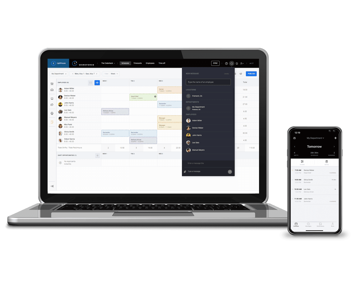 Laptop and smartphone showing restaurant labor management software - Shift4 Dine