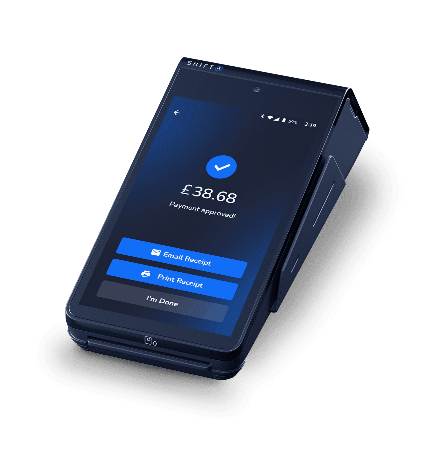 Handheld POS device showing a payment successful screen for mobile ordering and payments - enterprise POS system - Shift4 Dine