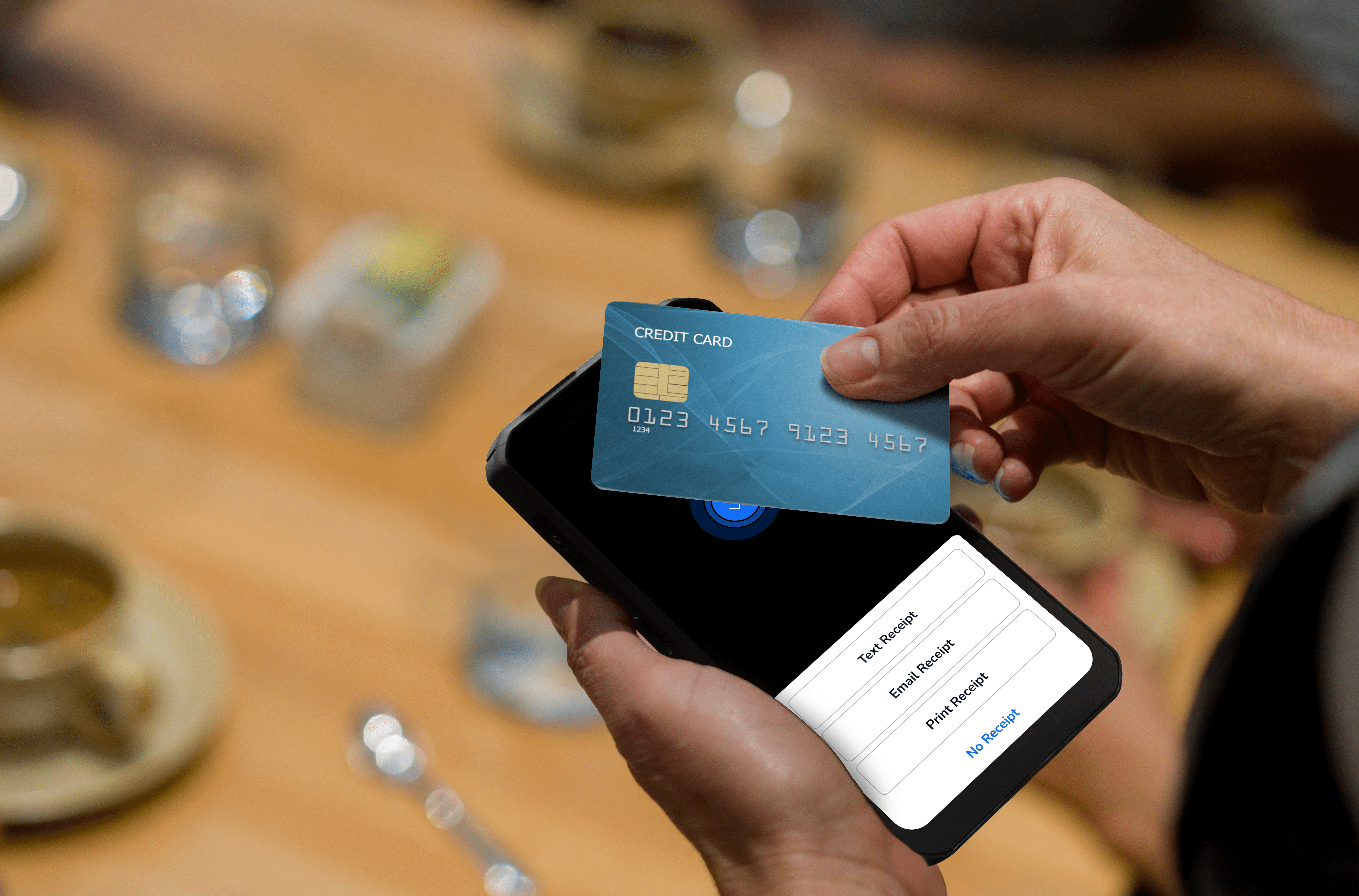 Person paying on a Handheld POS device with a credit card - handheld pos system - Shift4 Dine