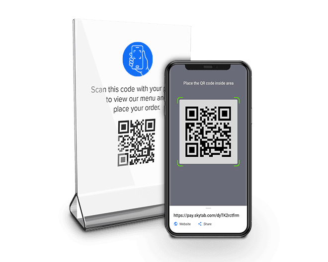 QR code on a smartphone and standee - QR code ordering and payments - Shift4 Dine