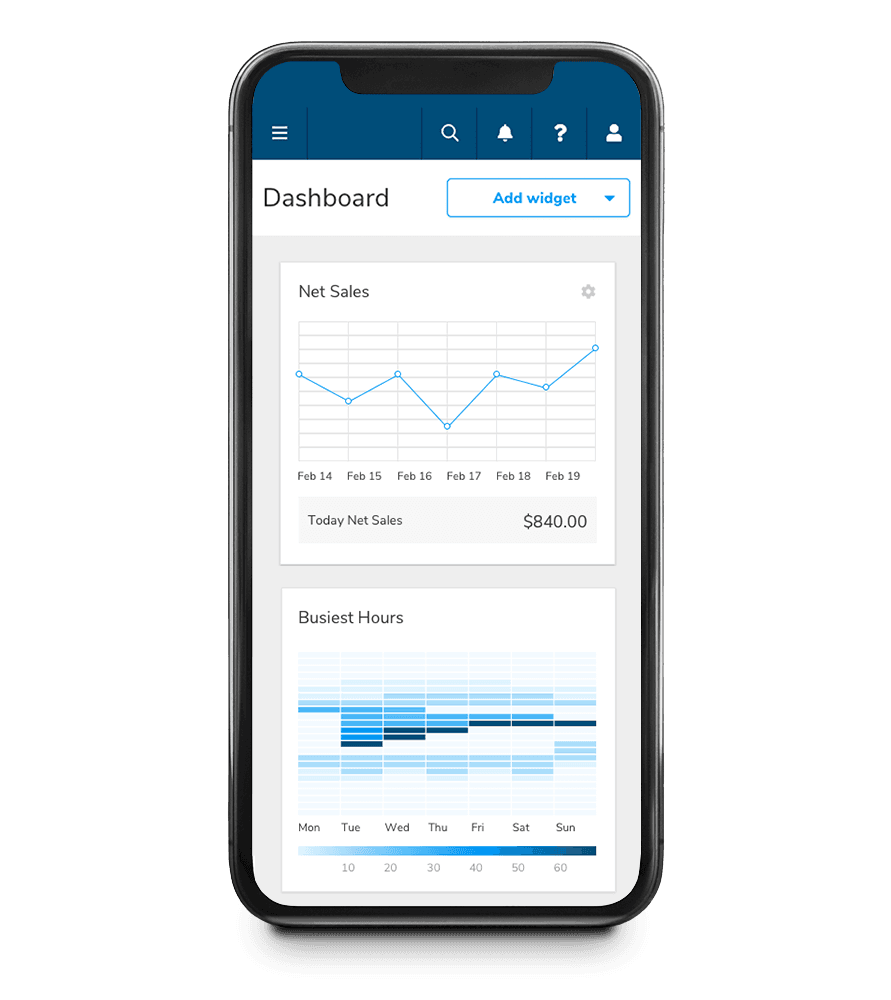Smartphone showing the Shift4 Dine Customer Hub dashboard - restaurant reporting and analytics - Shift4 Dine