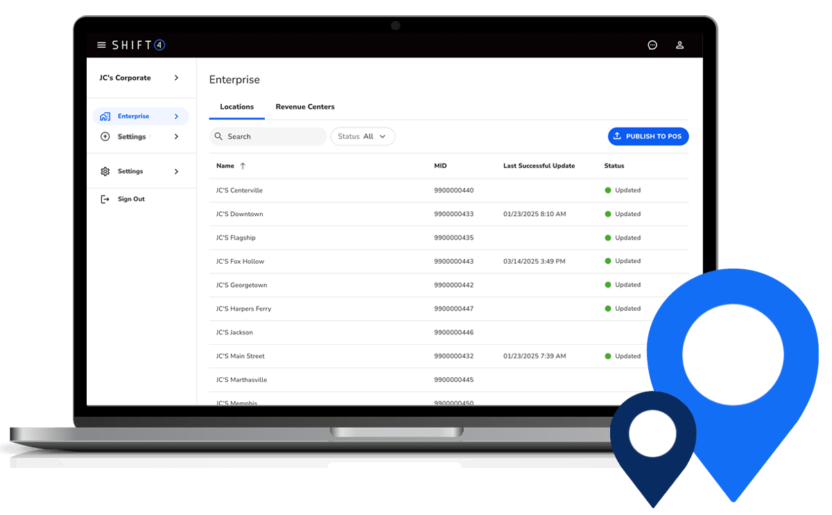 Laptop showing multi-location management software - Shift4 Dine