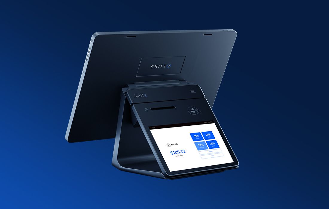 Customer-Facing Display on a blue background showing a tip prompt screen - POS hardware - Shift4 Dine