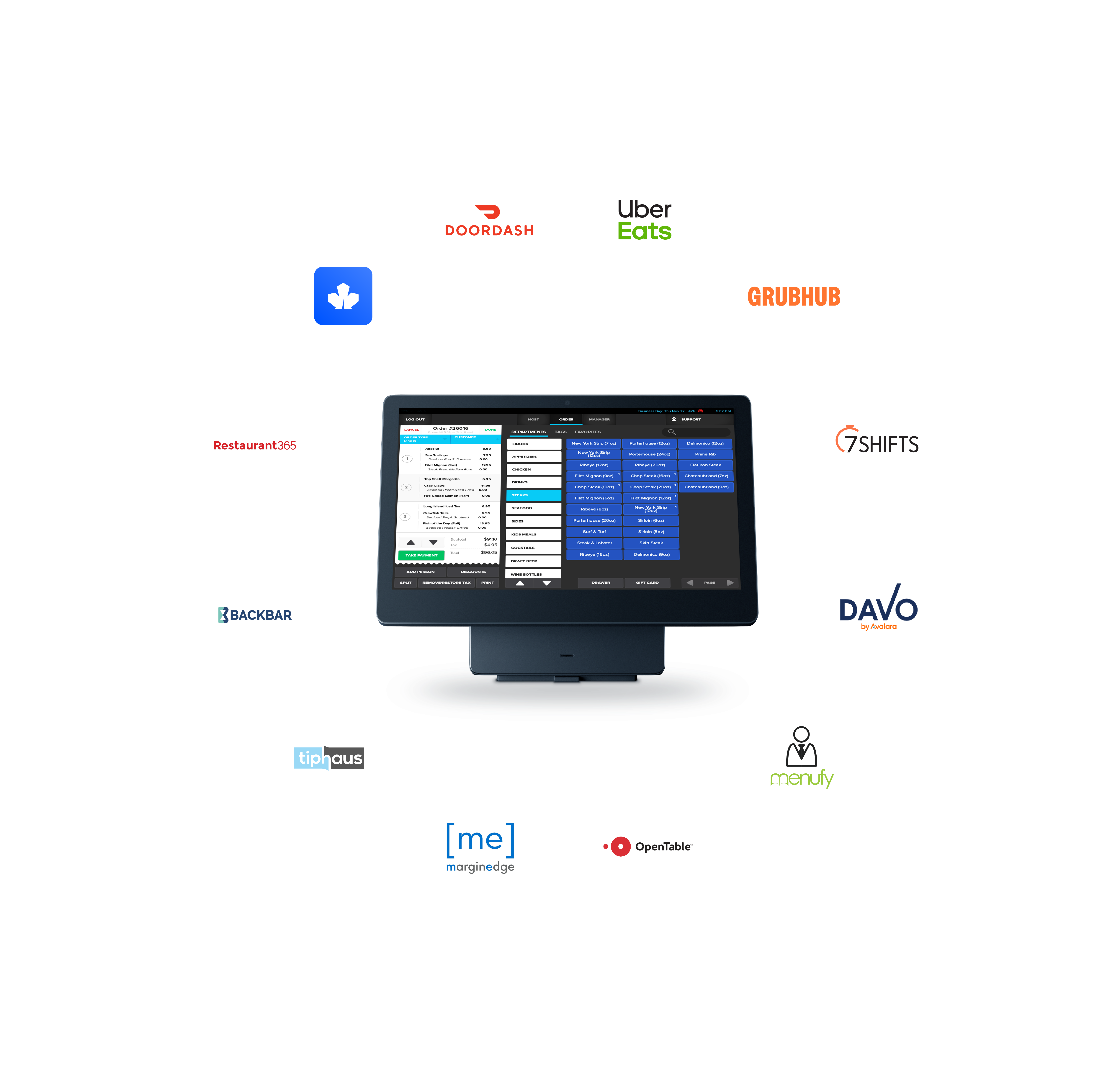 Shift4 Dine POS system surrounded by logos of third-party POS integrations - Shift4 Dine