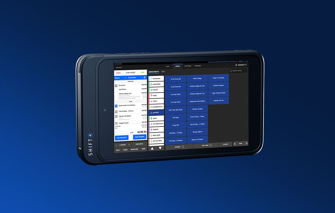 Tablet on a blue background showing the order interface - POS hardware - Shift4 Dine