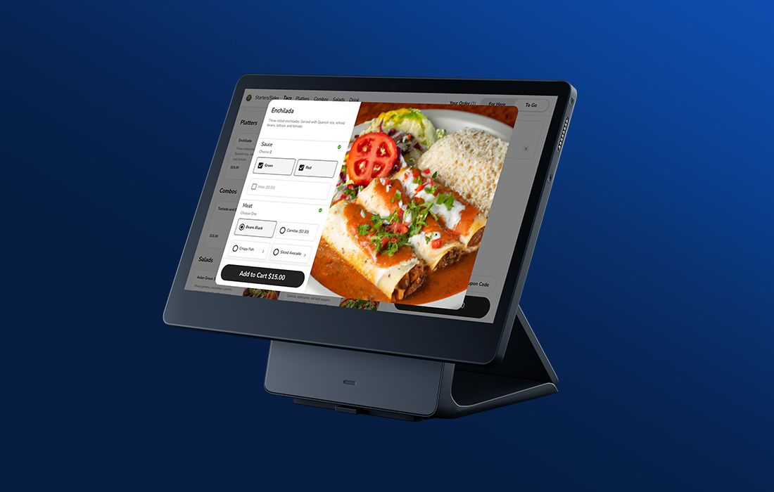 Kiosk on a blue background showing a self-ordering screen - POS hardware - Shift4 Dine