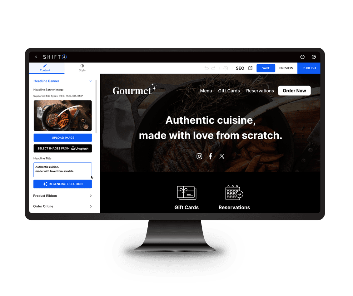 Website Builder on a computer monitor - build a restaurant website - Shift4 Dine
