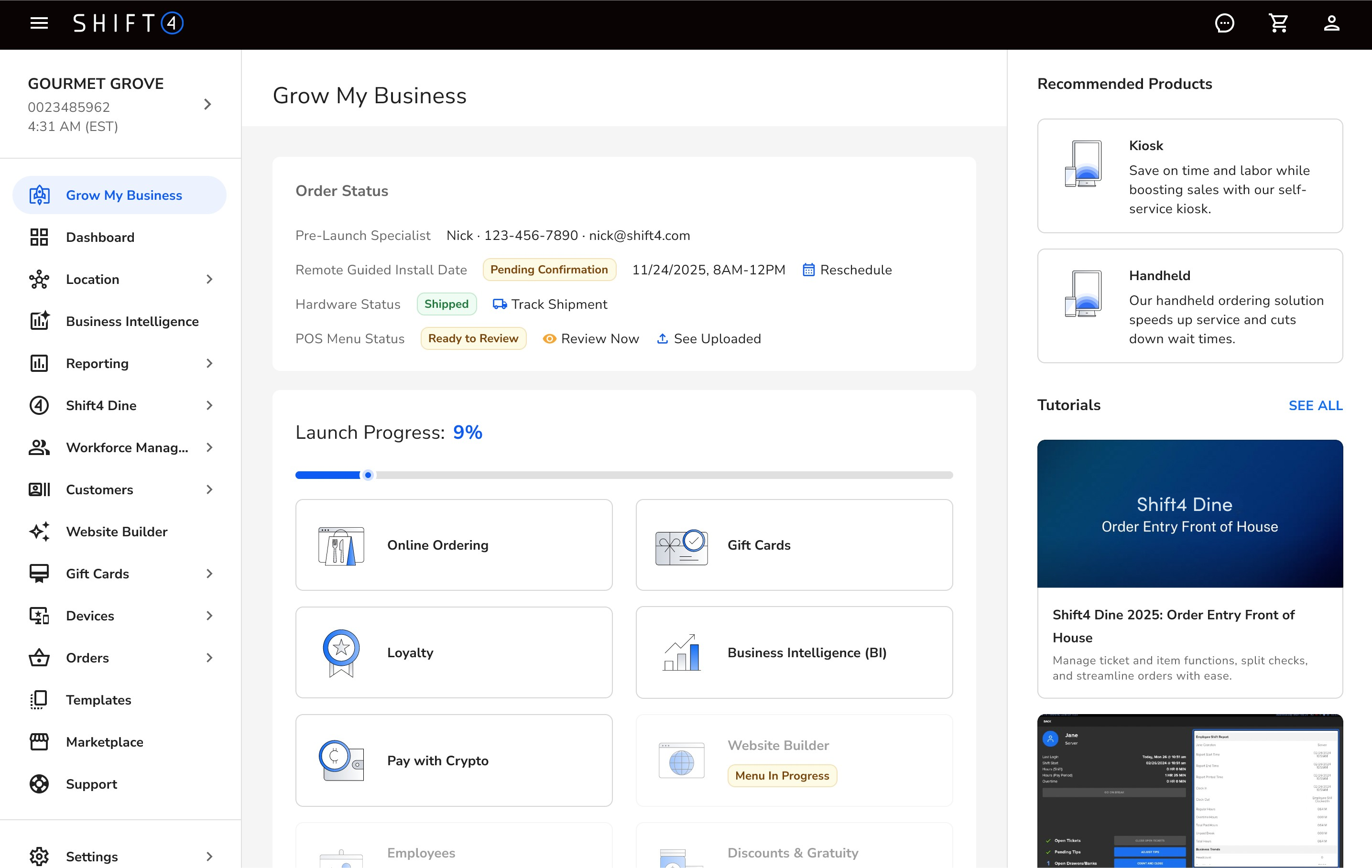 Screenshot of Grow My Business in the Shift4 Dine Customer Hub